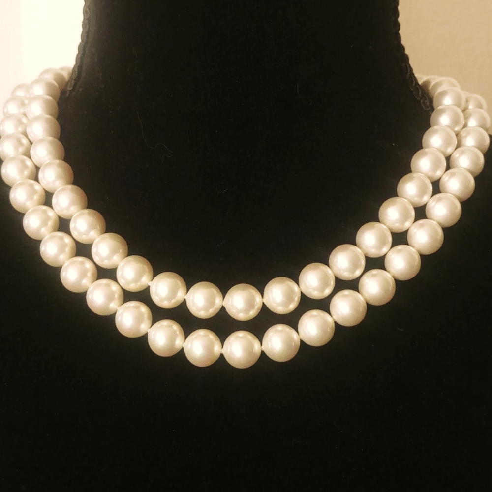 MaJorica 2 Strands Pearl 18" Choker Necklace 925 Gold Pleated